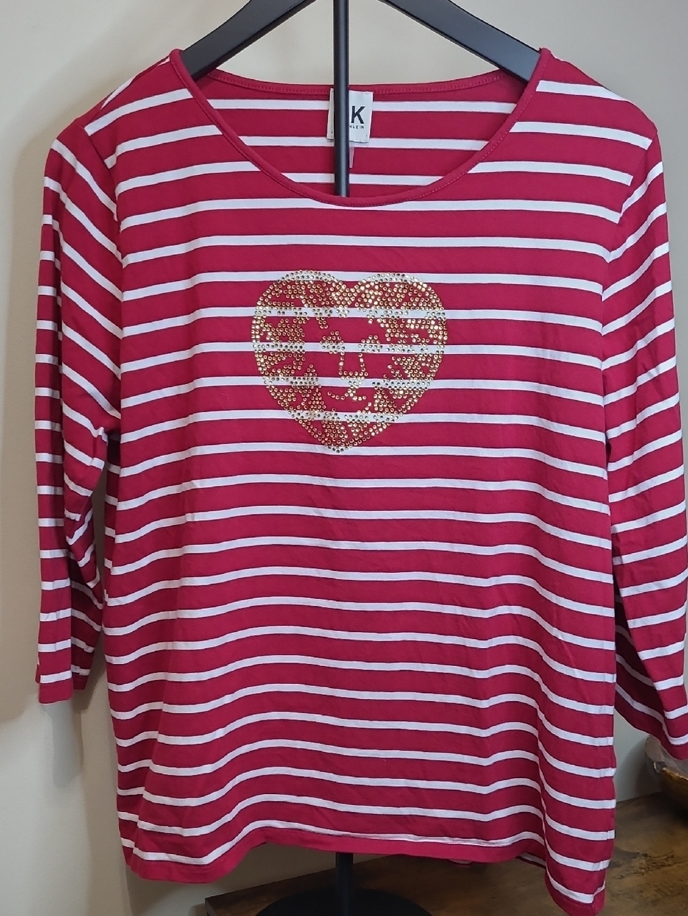 Anne Klein Cranberry Red & White Striped Top with Gold Rhinestone Heart Logo XL